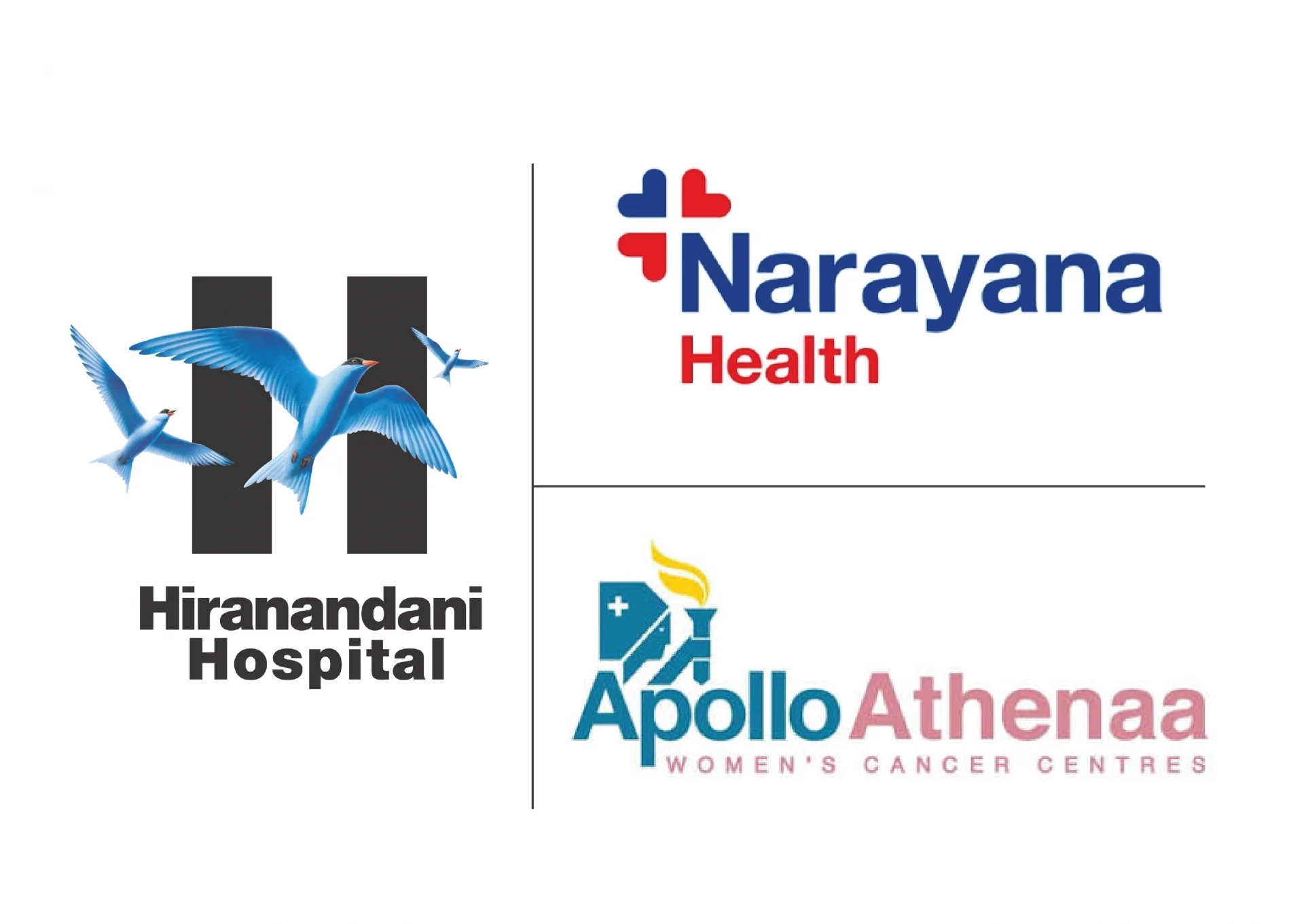 Logos of Hiranandani Hospital, Apollo Athenaa Women's Cancer Centres, and Narayana Health, Starbic Business Solutions' new healthcare clients